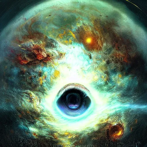 Prompt: The Flaming Eye of the Universe, digital illustration, professional art by Seb McKinnon and David Romero, fantasy, magic, magestic, detailed, forboding, hyper detailed