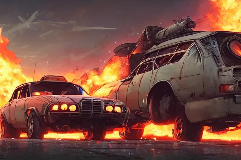 Prompt: 2 0 0 1 space odyssy diesepunk fairmont wagon mad max speeding through a burning fuel depot chase under fire explosion by greg rutkowski makoto shinkai takashi takeuchi studio ghibli, akihiko yoshida