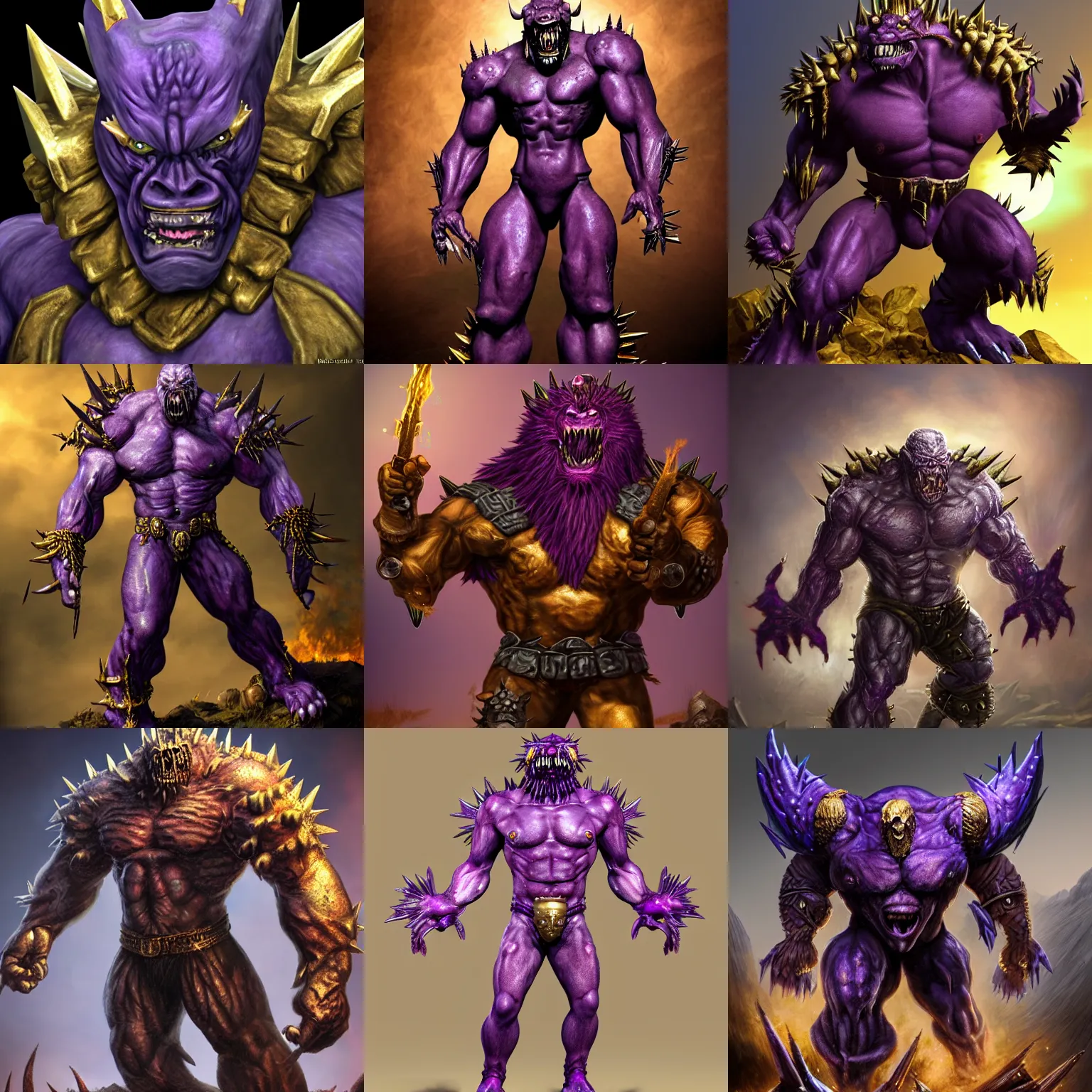 Prompt: ugly monster by Chris Metzen, spikes on the body, skin spikes, purple skin, huge muscles, gold armor, battleground background, battlefield