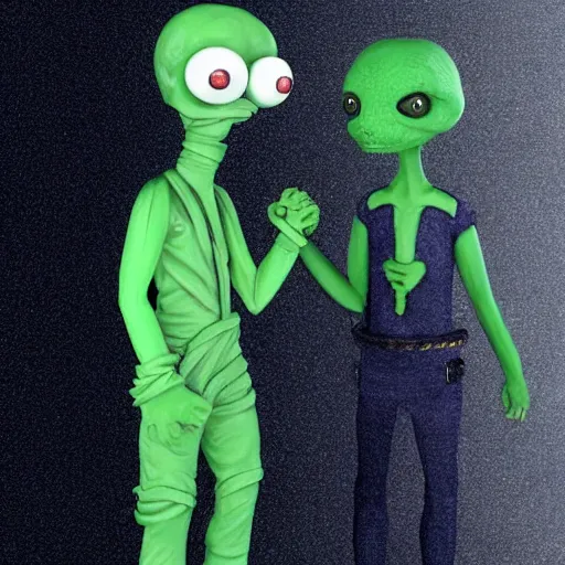 Prompt: a green alien wearing a toga is holding hands with an astronaut, dark colors, Trending on artstation, digital art