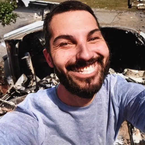 Image similar to a selfie of a guy smiling while fire consumes everything around him