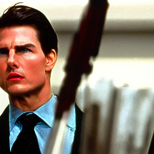 Image similar to Tom Cruise in American Psycho (1999), killing women