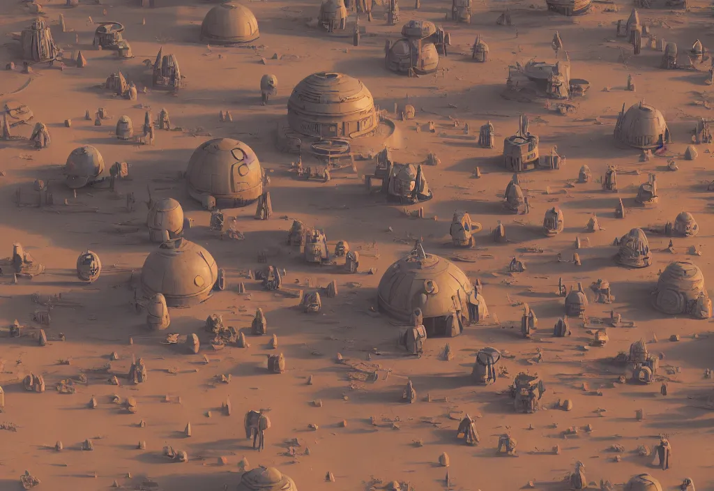 Image similar to tatooine desert village, star wars, extremely detailed, plush, intricate, soft light, volumetric, blender, digital painting, art station, by simon stalenhag