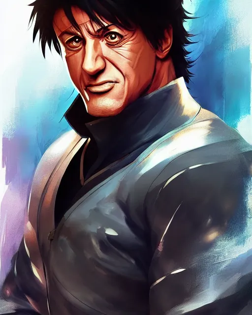 Image similar to anime portrait of Sylvester Stallone as an anime man by Stanley Artgerm Lau, WLOP, Rossdraws, James Jean, Andrei Riabovitchev, Marc Simonetti, and Sakimichan, trending on artstation