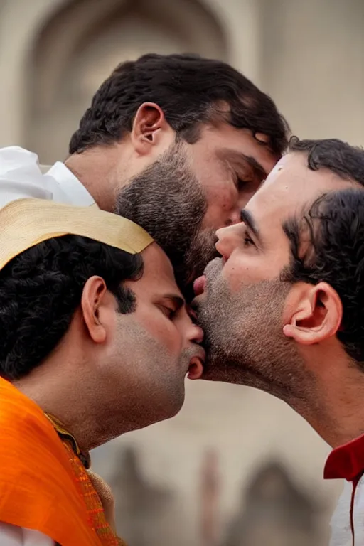 Image similar to narendra modi kissing rahul gandhi, closeup, india, detailed, photography alexey kurylev, cinematic