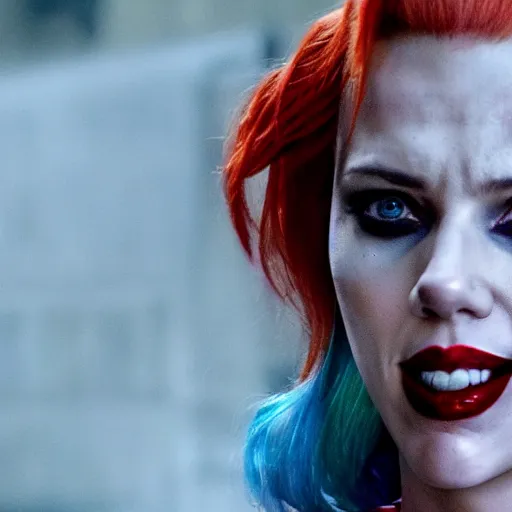 Prompt: film still of Scarlett Johansson as Harley Quinn in the new Joker movie