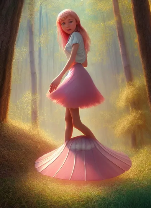 Image similar to young woman walking in short pink skirt : : magic forest mushrooms nature : : weta disney pixar movie still photo : : decadent highly - detailed digital painting, full length shot, golden ratio, octane render, artstation, smooth, sharp focus, artgerm, mucha, loish, wlop, gogo