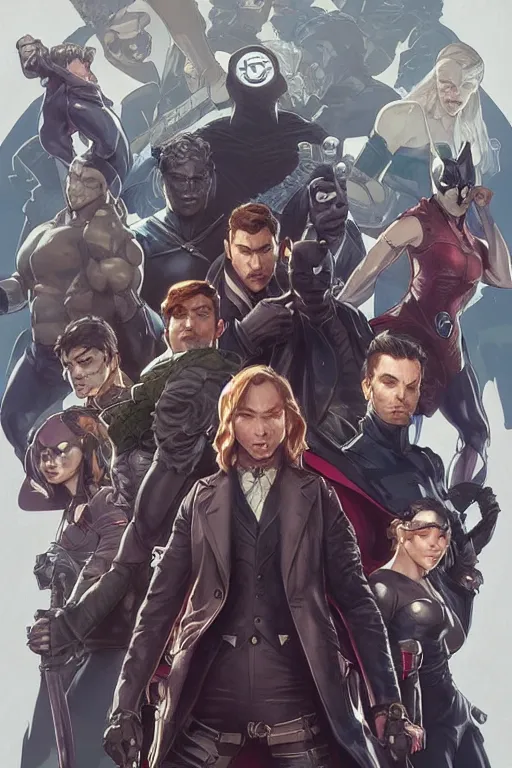 Image similar to group portrait of the Umbrella Academy, superheroes, fantasy, intricate, elegant, realistic, highly detailed, digital painting, artstation, concept art, smooth, sharp focus, cel-shaded, illustration, art by artgerm and greg rutkowski and alphonse mucha