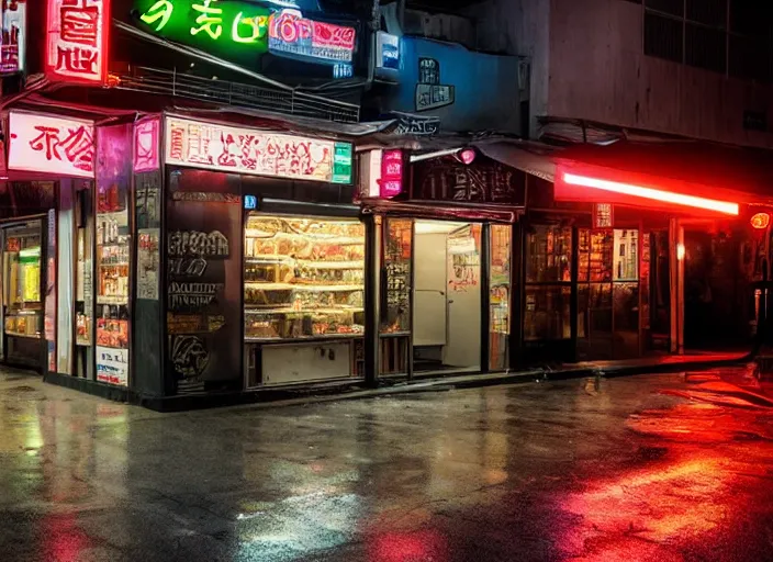 Prompt: the only open cyberpunk blade runner fast food stand in the cyberpunk city during a melancholy rainy night