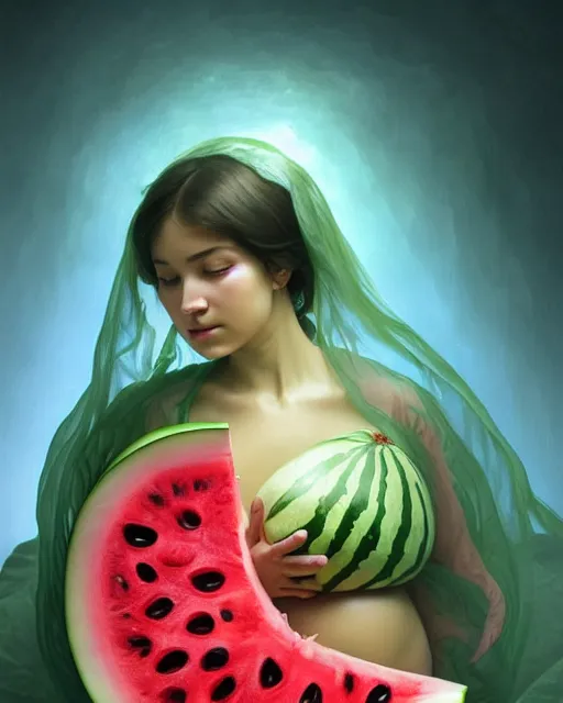 Image similar to a watermelon womb, baby in a transparent womb made of watermelon, gestation inside a watermelon, transparent, highly detailed, digital painting, artstation, concept art, smooth, sharp focus, illustration, art by artgerm and greg rutkowski and alphonse mucha