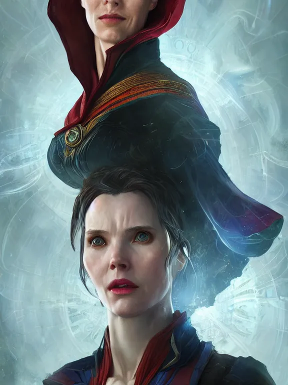 Image similar to female doctor strange, au naturel, hyper detailed, digital art, trending in artstation, cinematic lighting, studio quality, smooth render, unreal engine 5 rendered, octane rendered, art style by klimt and nixeu and ian sprigger and wlop and krenz cushart