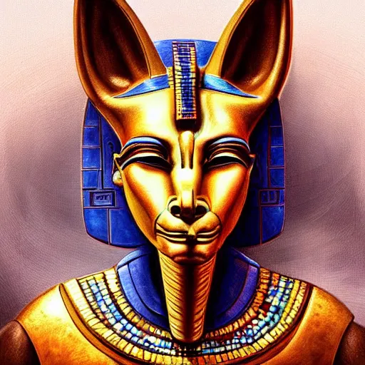 Image similar to “ detailed futuristic portrait of egyptian god anubis, cybernetics, realistic, mystical ”