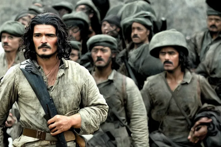 Image similar to Orlando Bloom as Che Guevara in 'Guevara' (2008), movie still frame, promotional image, imax 70 mm footage, oscar nominated cinematography, volumetric lighting, 8k resolution