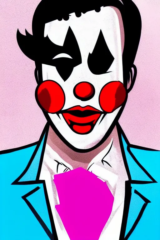 Image similar to detailed display twitter guy wearing an blouses with clown mask. pop art, gta vice city art style, face and body features, ultra realistic details, digital art, concept art, smooth art, sharp focus, illustration, intecrate details, elegant, confident posse, art by mark millar and richard hamilton and mimmo rottela