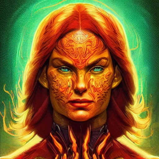 Image similar to full body portrait of jean grey, symmetry, hyperdetailed perfect face, green eyes, comic, phoenix rising, burning flames, intricate, detailed, volumetric lighting, scenery, digital painting, highly detailed, artstation, sharp focus, illustration, concept art, ruan jia, steve mccurry