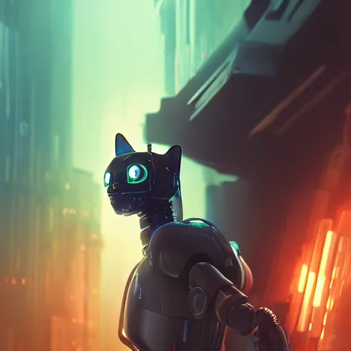 Image similar to professional photo of robot cat, cyberpunk background, blade runner, hyperrealistic masterpiece, trending on artstation, cgsociety, kodakchrome, golden ratio, cinematic, composition, beautiful lighting, hyper detailed, sharp focus, octane render, 4 k, unreal engine