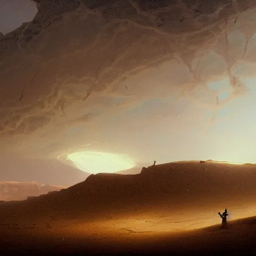 Prompt: an oil painting of a dry and cracked desert on an alien planet with an electrical storm above by carl spitzweg tuomas korpi and greg rutkowski