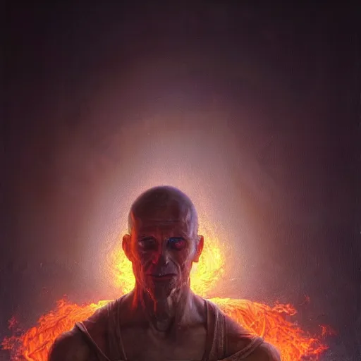 Prompt: a hyper - realistic character concept art portrait of a man on fire, depth of field background, artstation, award - winning realistic sci - fi concept art by jim burns and greg rutkowski, beksinski, a realism masterpiece, flesh - tone color palette, james gilleard, bruegel, alphonse mucha, and yoshitaka amano.