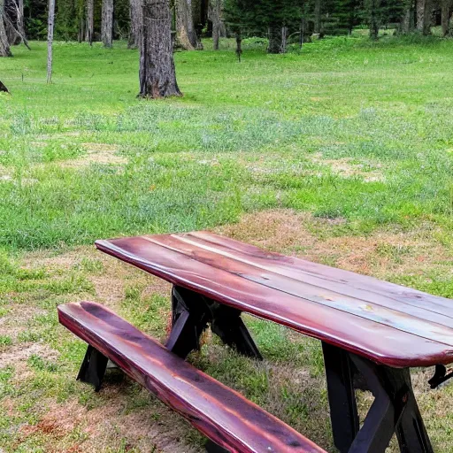 Image similar to 2 bears sitting at a picnic table