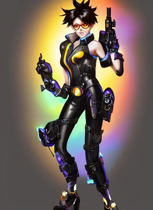 Image similar to full body digital artwork of tracer overwatch, wearing black iridescent rainbow latex, 4 k, expressive happy smug expression, makeup, in style of mark arian, wearing detailed black leather collar, wearing sleek armor, black leather harness, detailed face and eyes,