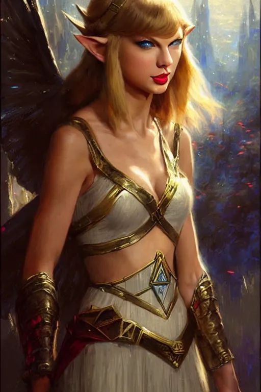 Image similar to taylor swift as princess zelda as a magic the gathering card portrait dnd, painting by gaston bussiere, craig mullins, greg rutkowski, yoji shinkawa