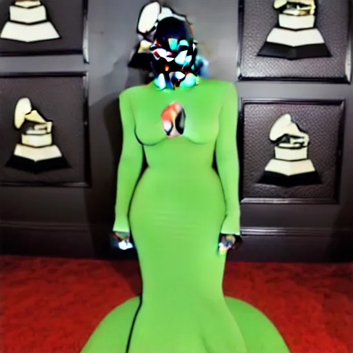 Image similar to kanye west at the grammys in an avocado suit, red carpet photo