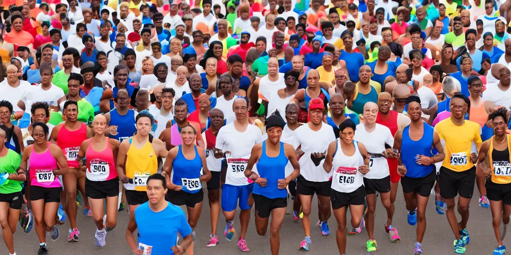 Image similar to Studio Photograph of starting line of many diverse marathon runners. multiple skintones. Warm atmosphere. Beige and black. Frontal. Shot on 30mm Lens. Advertising Campaign. Wide shot. Studio lighting. White background.