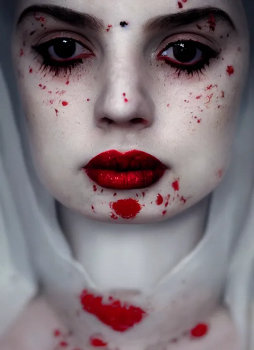 Prompt: closeup portrait of a young gothic nun with bright red lipstick, depth of field, zeiss lens, detailed, symmetrical, centered, fashion photoshoot, by Annie Leibovitz and Steve McCurry, David Lazar, Jimmy Nelsson, Breathtaking, 8k resolution, extremely detailed, beautiful, establishing shot, artistic, hyperrealistic, beautiful face, octane render