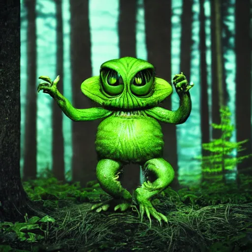 Prompt: a realistic photo of a realistic monster, alien monster, green body, sharp teeth. The monster is in a forest.