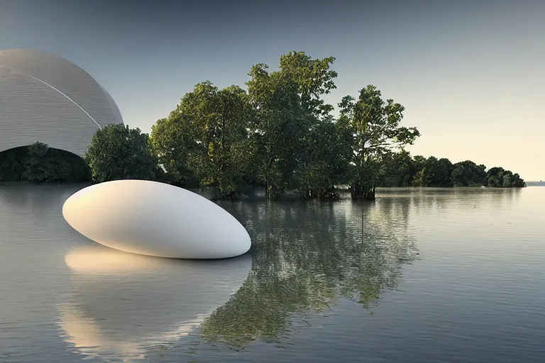 Image similar to many white round egg shaped building combinations intersect and depend on each other to form a building, by pierre bernard, on the calm lake, people's perspective, future, interior wood, dusk, unreal engine highly rendered, global illumination, radial light, internal environment