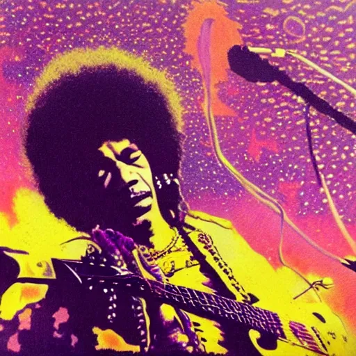 Prompt: Jimi Hendrix sitting on the rings of Saturn playing \'Purple Haze\' on his electric guitar by Moebius