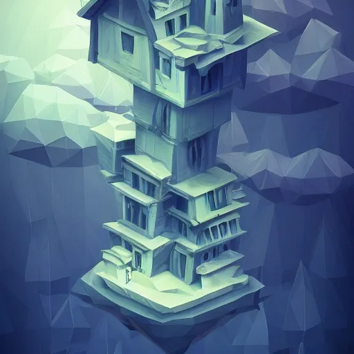 Image similar to floating spooky house in the sky, low poly, isometric art, 3d art, waterfall, high detail, artstation, concept art, behance, ray tracing, smooth, sharp focus, ethereal lighting