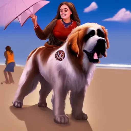 Image similar to girl riding a giant saint Bernard at the beach catching a frisbee, trending on artstation