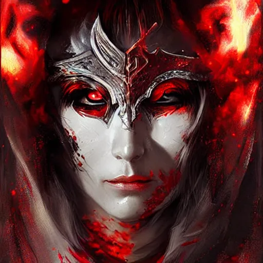 Image similar to A portrait of an elven ranger wearing a red demon mask of terror with fire in the eye sockets, fantasy, digital art by Ruan Jia