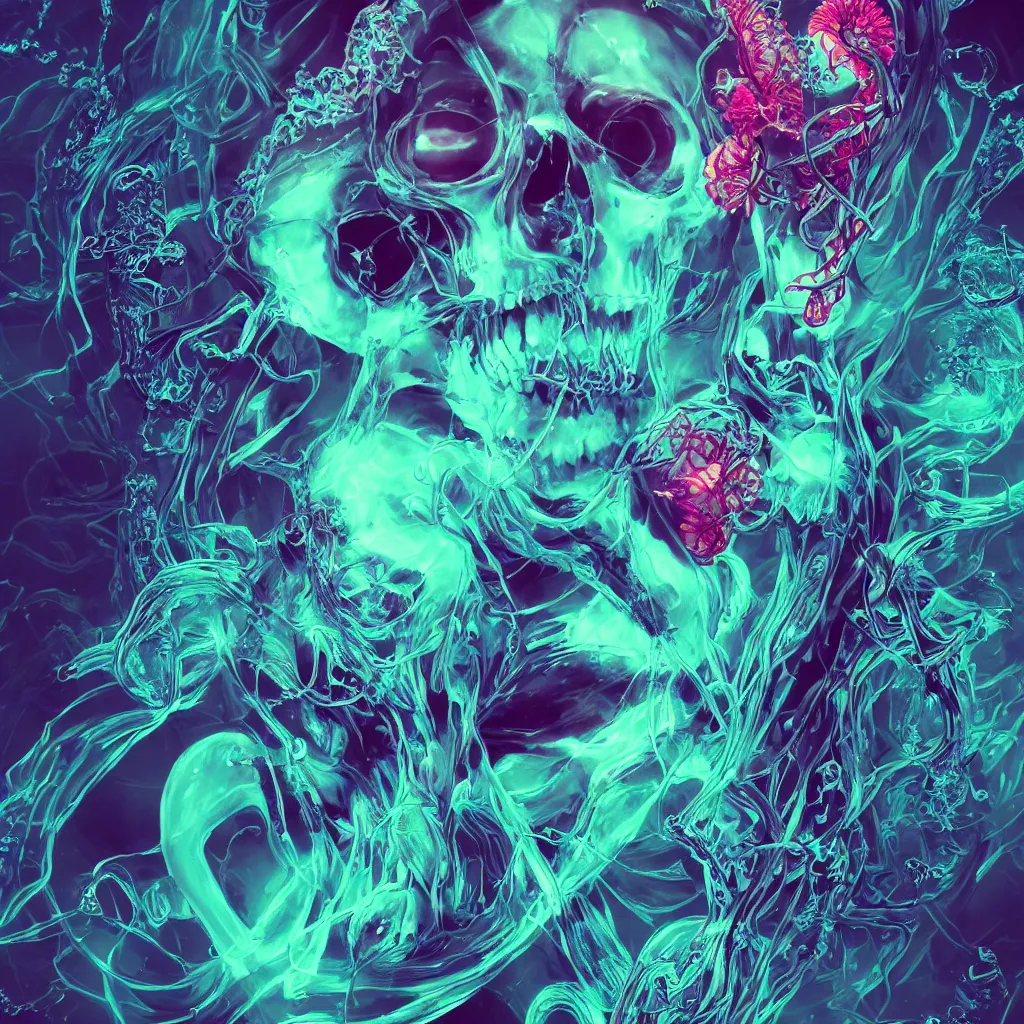 Prompt: close-up portrait goddess skull, thorax, x-ray, backbone, jellyfish phoenix head, nautilus, orchid, betta fish, bioluminiscent creatures, dark deep complex air bubbles in background, intricate artwork by Tooth Wu and wlop and beeple. octane render, trending on artstation, greg rutkowski very coherent symmetrical artwork. cinematic, black and white, contrasted, hyper realism, high detail, octane render, 8k