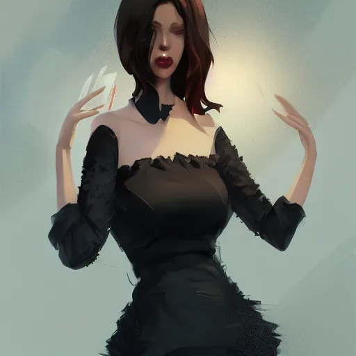 Image similar to , a beautiful woman with dark brown hair wearing a black dress, fantasy, by lois van baarle, Ilya Kuvshinov, Stanley Artgerm Lau, WLOP, Rossdraws, trending on artstation,