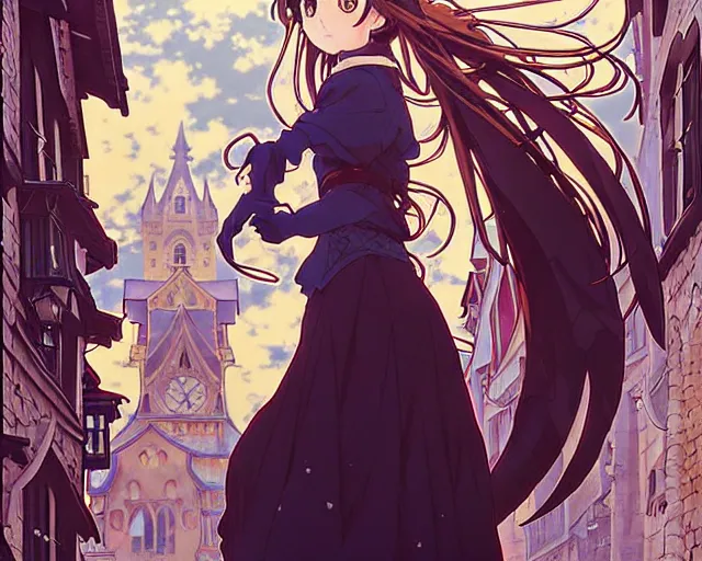 Image similar to kyoani, key anime visual portrait of a young female witch walking through a busy medieval village, dynamic pose, dynamic perspective, cinematic, dramatic lighting, muted colors, detailed silhouette, textured, anime proportions, alphonse mucha, perfect anime, yoh yoshinari, takashi murakami