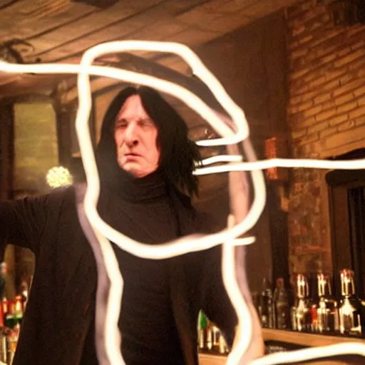 Prompt: Severus Snape dances in a bar, neon light, realistic, full body, very detailed, super realistic