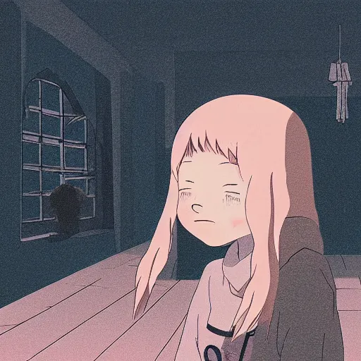 Image similar to girl crying in the corner of a dark room in the style of studio ghibli, soft anime illustration, dark pastel colors, soft ambience, beautiful composition, backlit