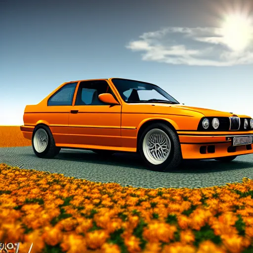 Image similar to blender render of orange bmw e 3 0 m 3 in a field of flowers, low angle shot