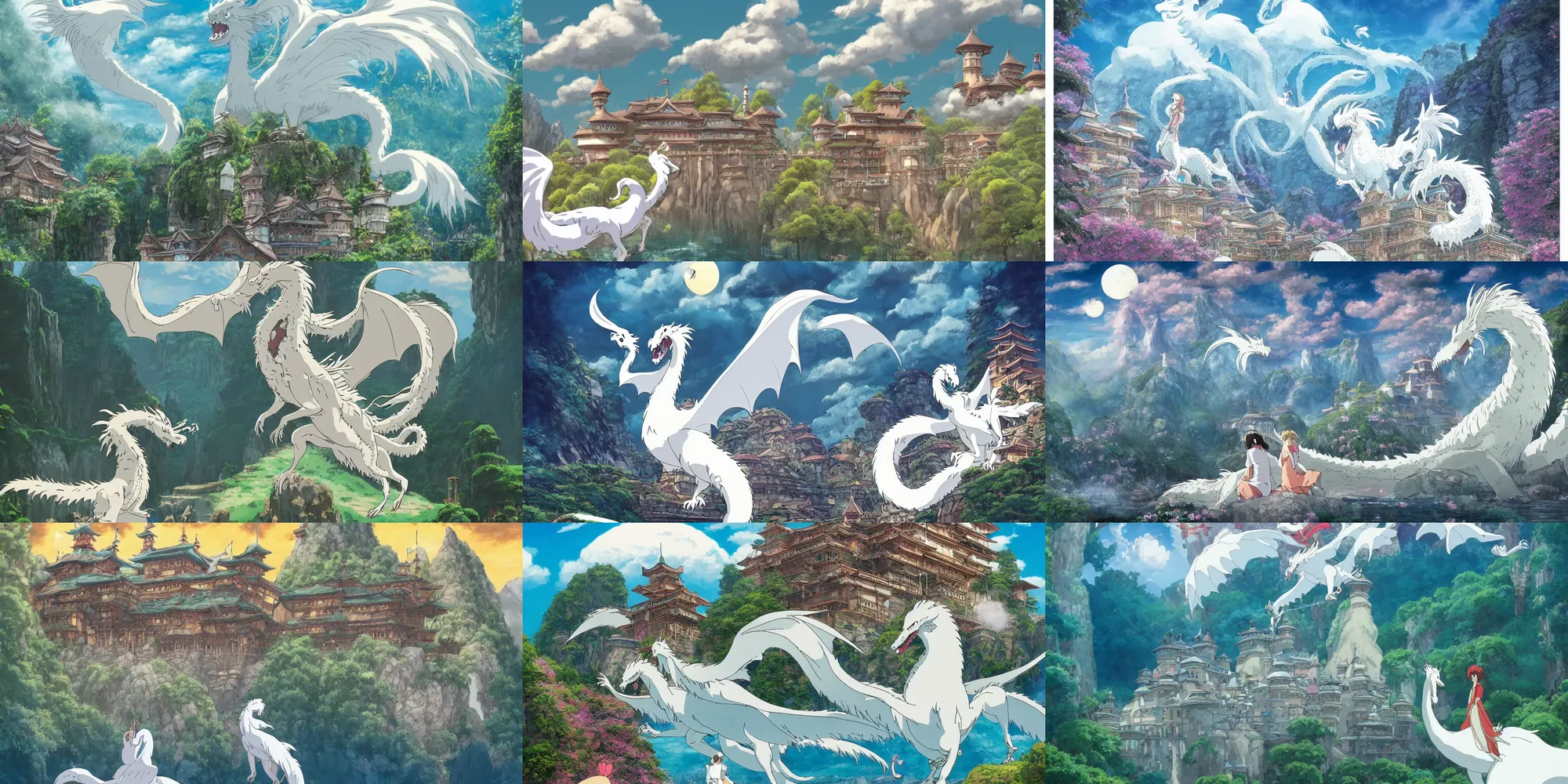 Prompt: the flim poster of a magical palace around mountains and river, a white dragon spirit flying in the sky, miyazaki's animated film, ghibli studio, spirited away, princess mononoke, 4 k, highly detailed,