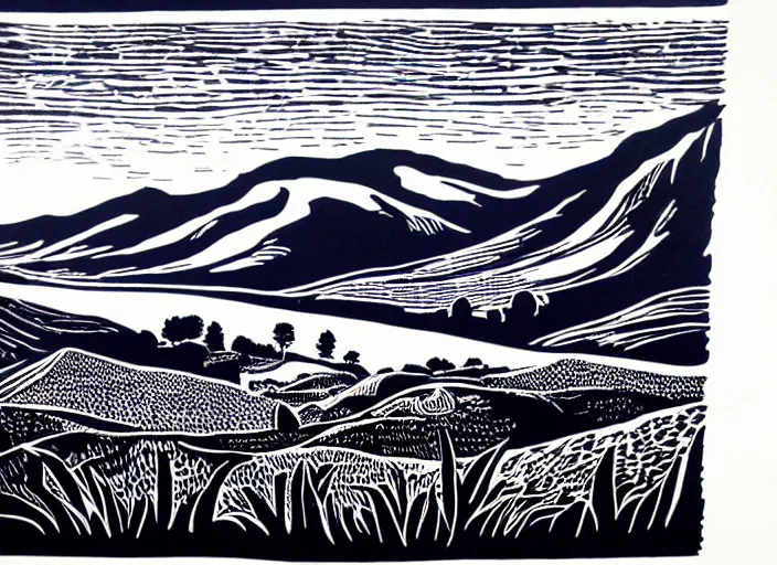 Image similar to a beautiful linocut print on paper of The highlands of Scotland