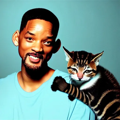 Prompt: will smith posing for a camera, holding up a kitten during an photoshoot for his early 2 0 0 0's techno album, cool coloring reminiscent of the 2 0 0 0's, album cover, y 2 k aesthetic,