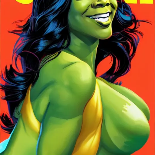 Image similar to Actress Gabrielle Union as She-Hulk, smiling, poster framed, comic pinup style, sports illustrated, detailed legs, artstation, illustration, posterized, Roge Antonio, Jen Bartel
