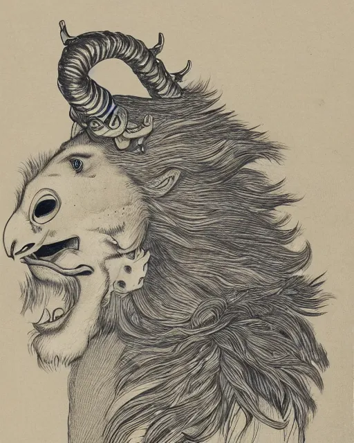 Image similar to a creature with the body and eyes of a man, beak of an eagle instead of the nose, the mane of a lion, two horns of an ox on the head. drawn by miura kentaro