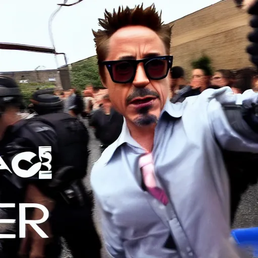 Image similar to bodycam photo of robert downey jr. running from a police officer, wide angle, fisheye, uhd, 8 k, bodycam, award winning,