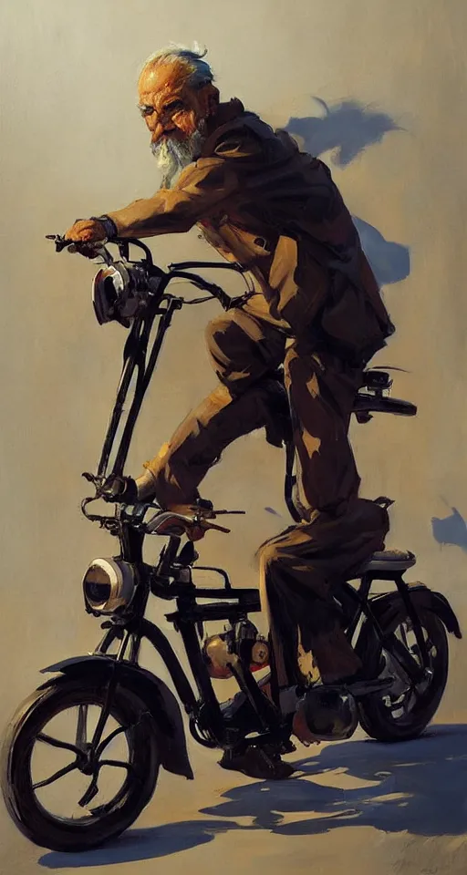 Prompt: greg manchess portrait painting of old man on moped motorbike, medium shot, asymmetrical, profile picture, organic painting, sunny day, matte painting, bold shapes, hard edges, street art, trending on artstation, by huang guangjian and ail elvgren and sachin teng