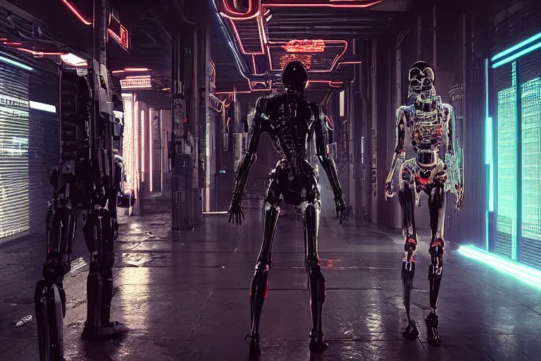 Image similar to cyberpunk single skeletal black mecha android walking inside hallway, Skeletal face !!!!!!singular-eye!!!!!!!!. long limbs black shiny. glowing_red_eye volumetric lighting slightly hazy. RTX UE5 Artstation Bladerunner_2049_scene!!!!!! Cyberpunk 2077 bladerunner2049!!! bladerunner!!! black android walking down white hallway slightly offset fancy hallway. reflective-room!!!!! Tom Bagshaw Greg Rutkowski Alphonse Mucha,.