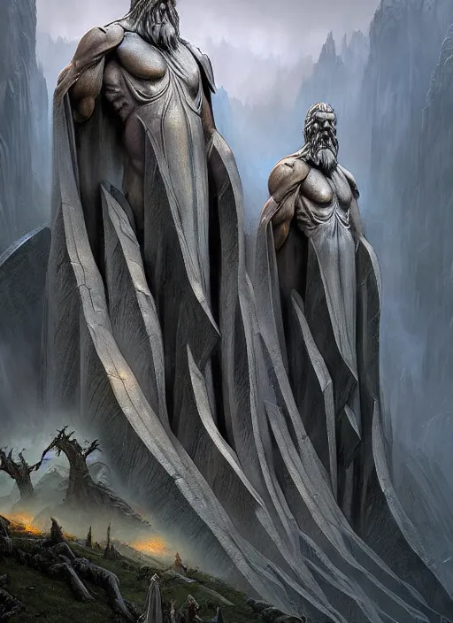 Image similar to the statues of argonath, epic fantasy horror digital matte painting by steve henderson and mark brooks ( and greg rutkowski ), extremely detailed, artstation