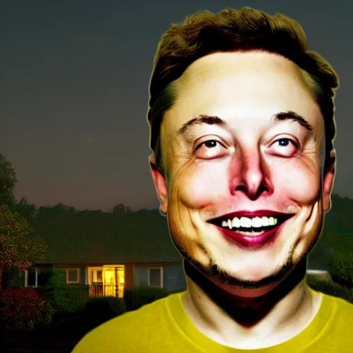 Image similar to photograph at night of elon musk smiling creepily through your bedrooms window, midnight, bedroom, dark outside, night sky, horror art,